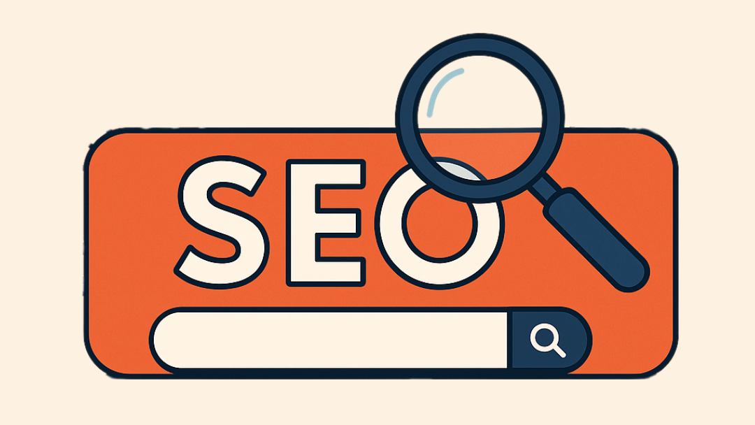 A graphic showing a search engine bar with the text SEO and a magnifying graph. 